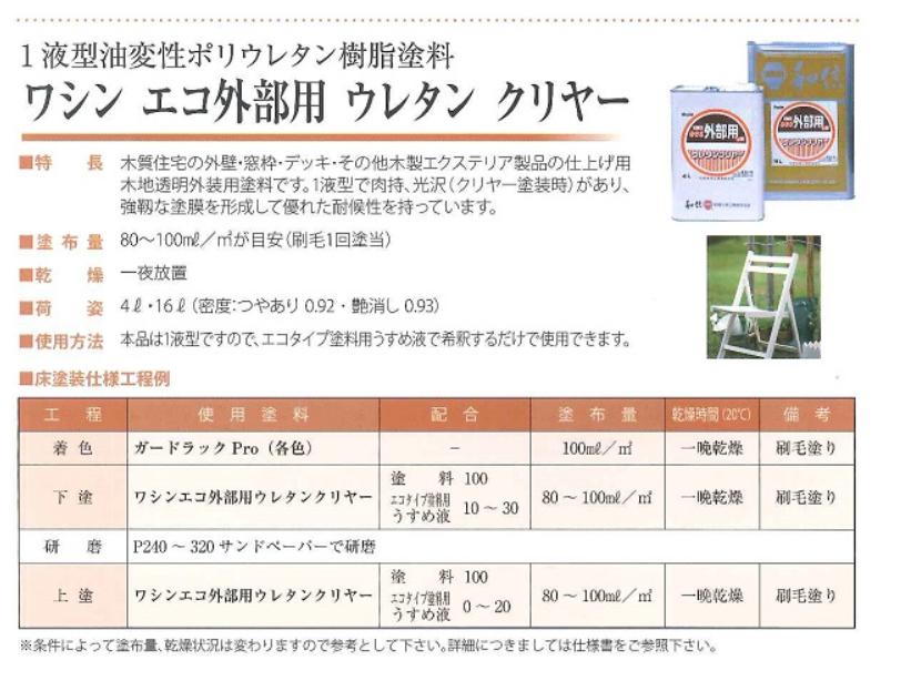 予約販売】本 和信ペイント エコ外部用ウレタンクリヤー 艶消 4L ４缶セット