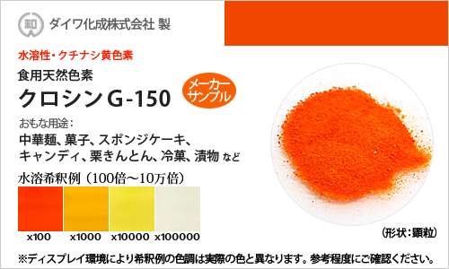 食用天然色素 クチナシ黄色素・クロシンG-150 / メーカー検品済・有償サンプル 20g
