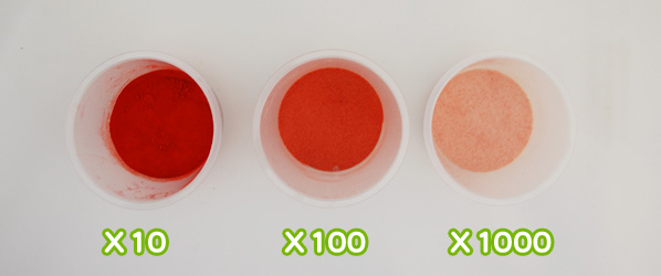 食用赤色40号 アルミニウムレーキの粉末希釈例（100倍～10万倍）