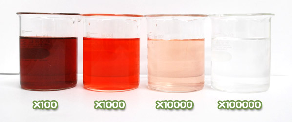 ベニコウジ色素・ダイワモナスLA-Rの水溶希釈例（100倍～10万倍）