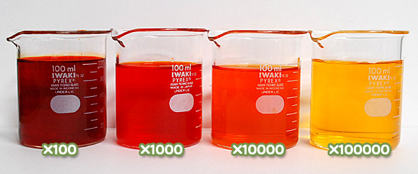 【医薬品、医薬部外品及び化粧品用法定色素】 だいだい色205号 オレンジIIの水溶希釈例（100倍～10万倍）