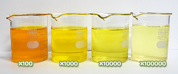 【医薬品、医薬部外品及び化粧品用法定色素】 黄色203号 キノリンイエローWSの水溶希釈例（100倍～10万倍）